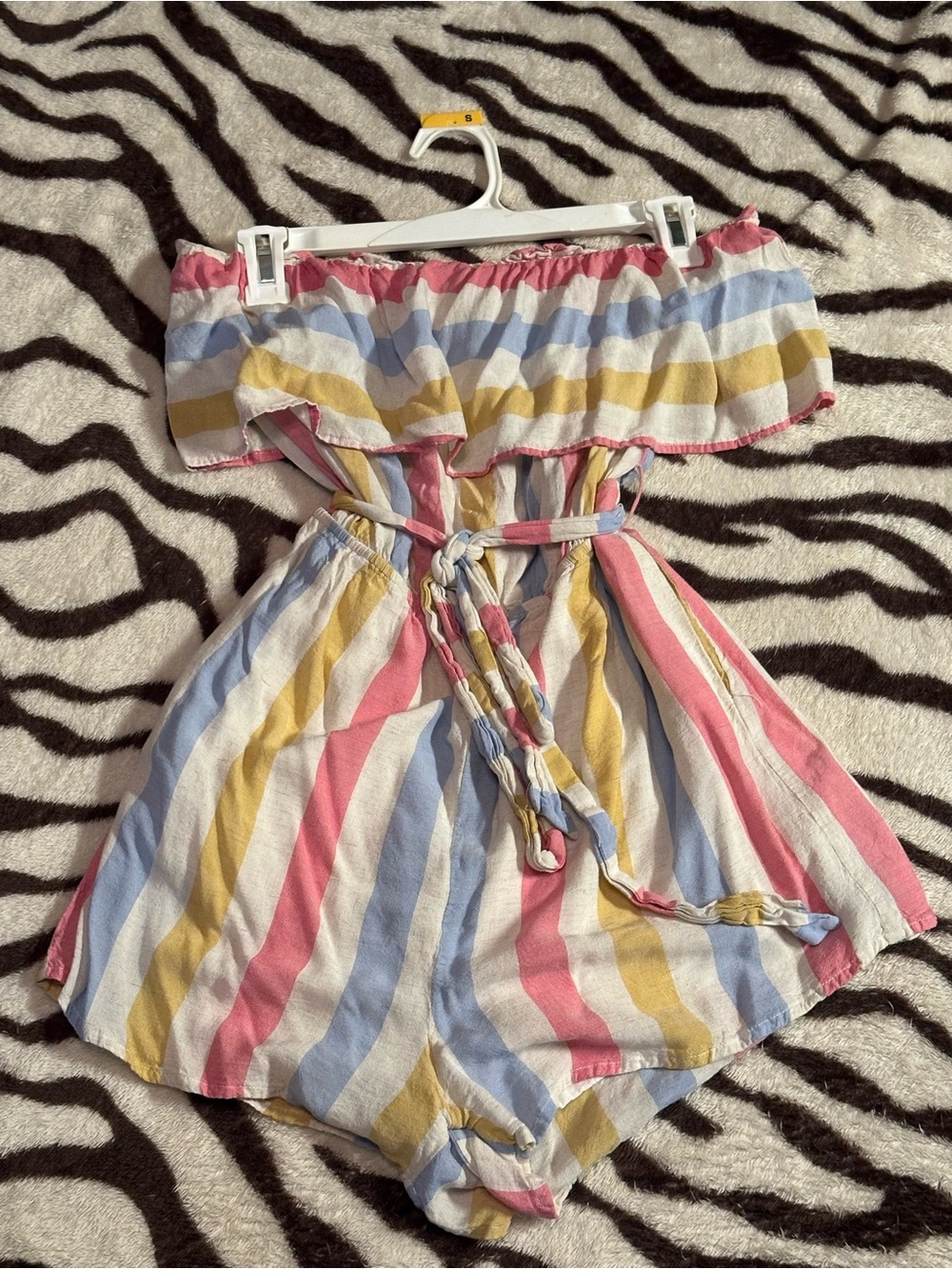 Multicolor Striped Off-Shoulder Romper in Pink, Yellow & White